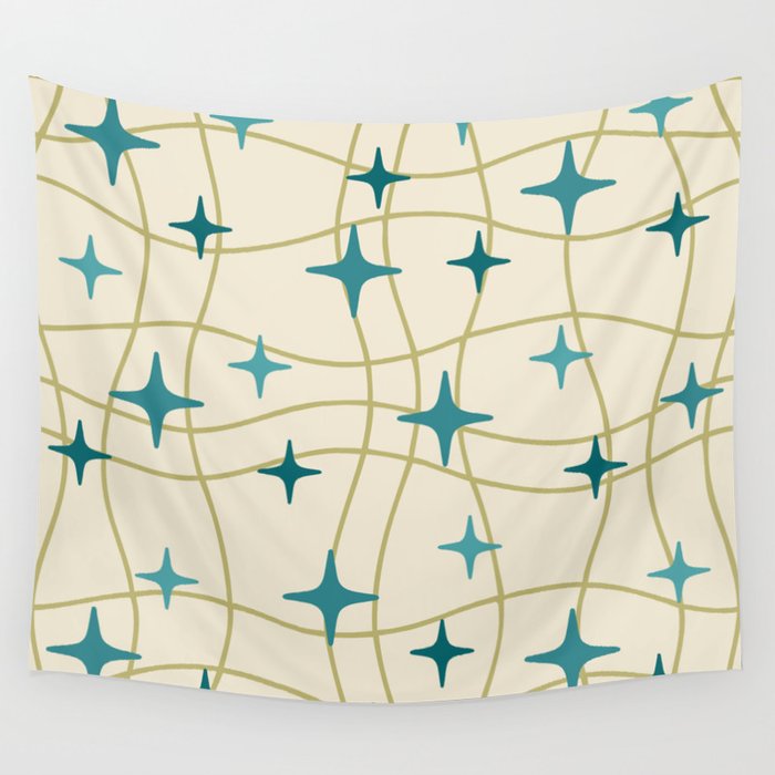 Mid Century Modern Cosmic Star Pattern 693 Cream Turquoise Olive Wall Tapestry Gallery Image 4