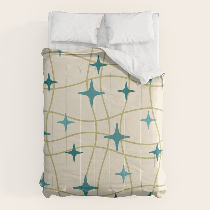 Mid Century Modern Cosmic Star Pattern 693 Cream Turquoise Olive Comforter Gallery Image 1