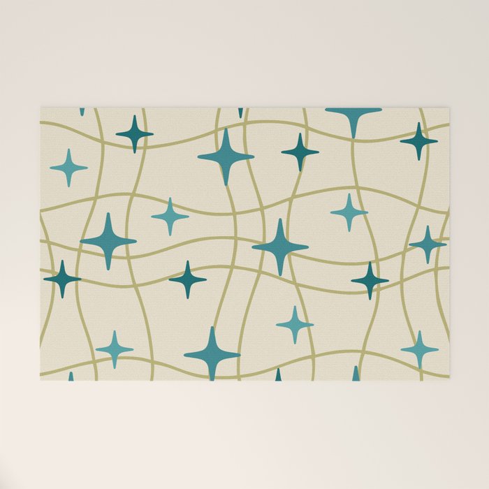 Mid Century Modern Cosmic Star Pattern 693 Cream Turquoise Olive Welcome Mat Gallery Image 1