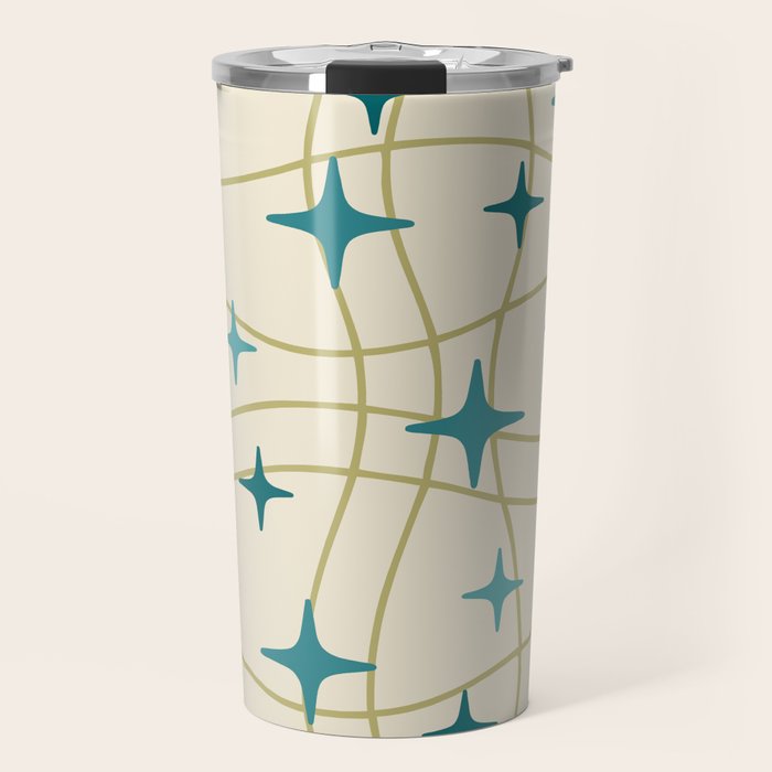 Mid Century Modern Cosmic Star Pattern 693 Cream Turquoise Olive Travel Mug Gallery Image 1