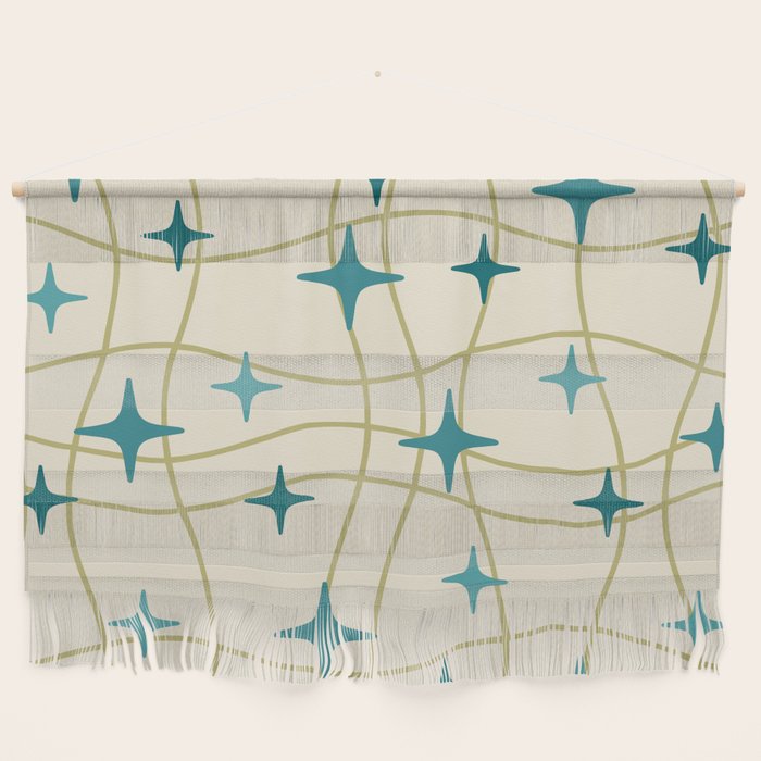 Mid Century Modern Cosmic Star Pattern 693 Cream Turquoise Olive Wall Hanging Gallery Image 1