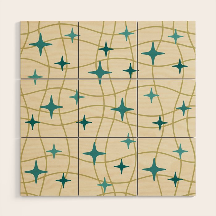 Mid Century Modern Cosmic Star Pattern 693 Cream Turquoise Olive Wood Wall Art Gallery Image 1