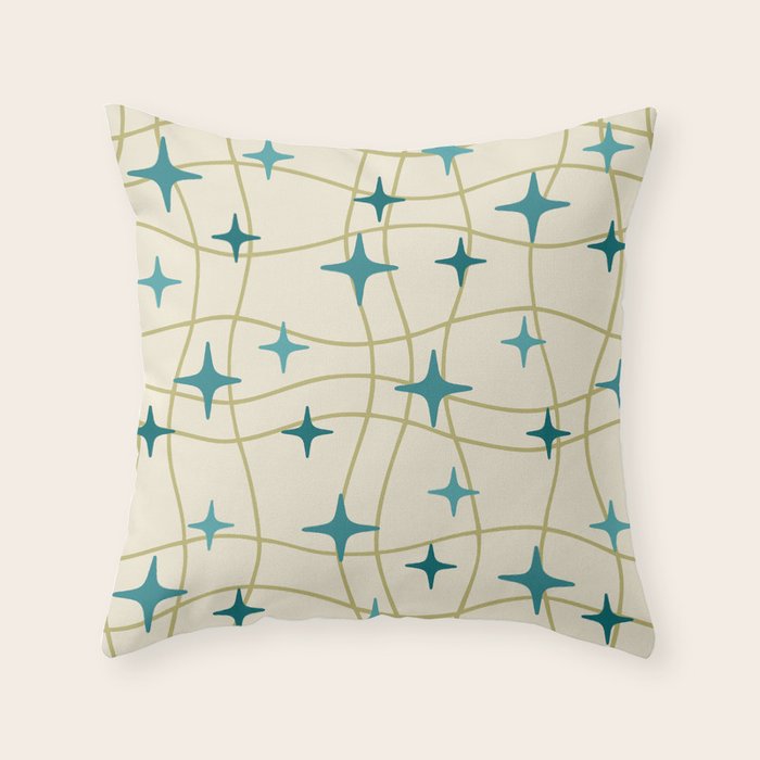 Mid Century Modern Cosmic Star Pattern 693 Cream Turquoise Olive Throw Pillow Gallery Image 1
