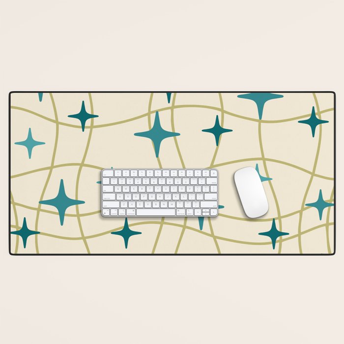 Mid Century Modern Cosmic Star Pattern 693 Cream Turquoise Olive Desk Mat Gallery Image 1