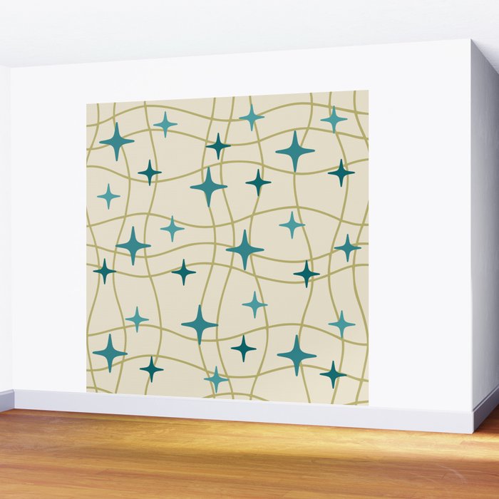 Mid Century Modern Cosmic Star Pattern 693 Cream Turquoise Olive Wall Mural Gallery Image 2