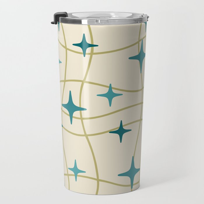 Mid Century Modern Cosmic Star Pattern 693 Cream Turquoise Olive Travel Mug Gallery Image 3