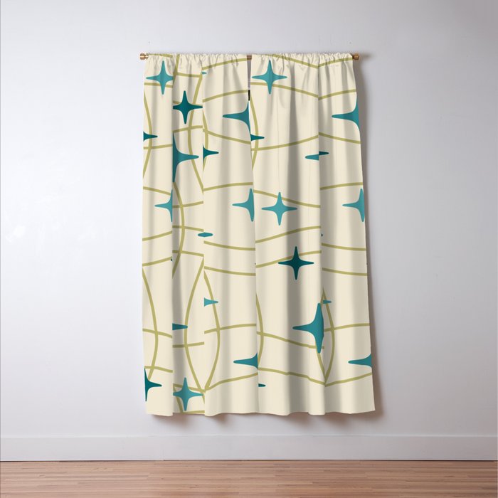 Mid Century Modern Cosmic Star Pattern 693 Cream Turquoise Olive Window Curtain Gallery Image 3