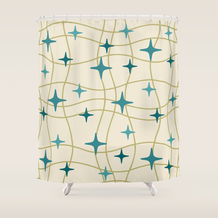 Mid Century Modern Cosmic Star Pattern 693 Cream Turquoise Olive Shower Curtain Gallery Image 1
