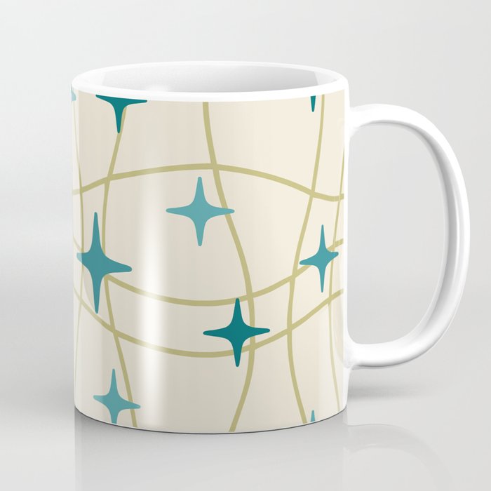 Mid Century Modern Cosmic Star Pattern 693 Cream Turquoise Olive Coffee Mug Gallery Image 1