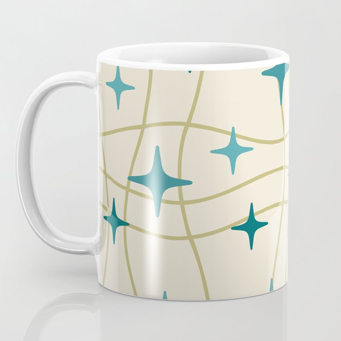 Mid Century Modern Cosmic Star Pattern 693 Cream Turquoise Olive Coffee Mug Gallery Image 3