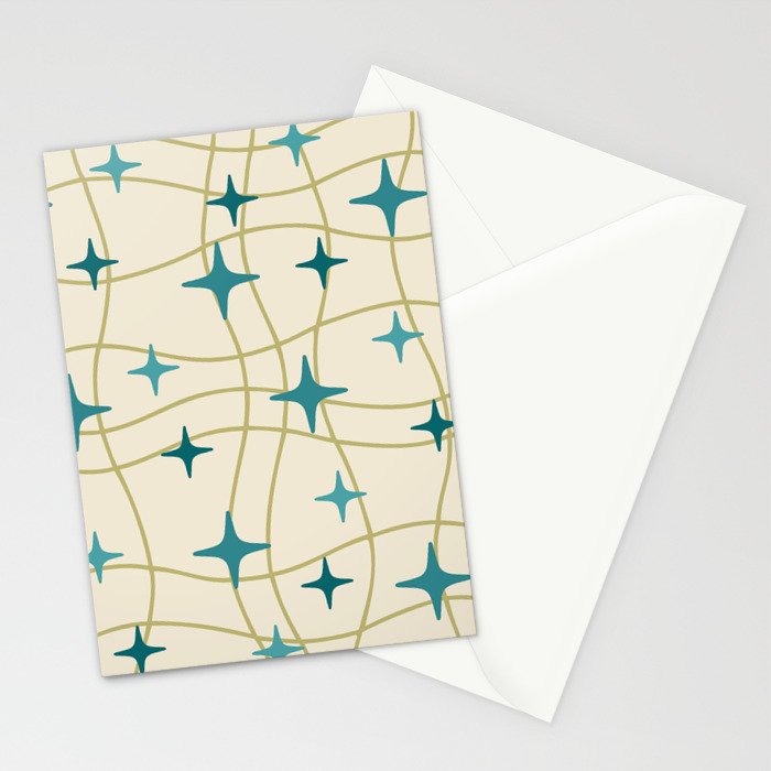 Mid Century Modern Cosmic Star Pattern 693 Cream Turquoise Olive Stationery Card Gallery Image 2