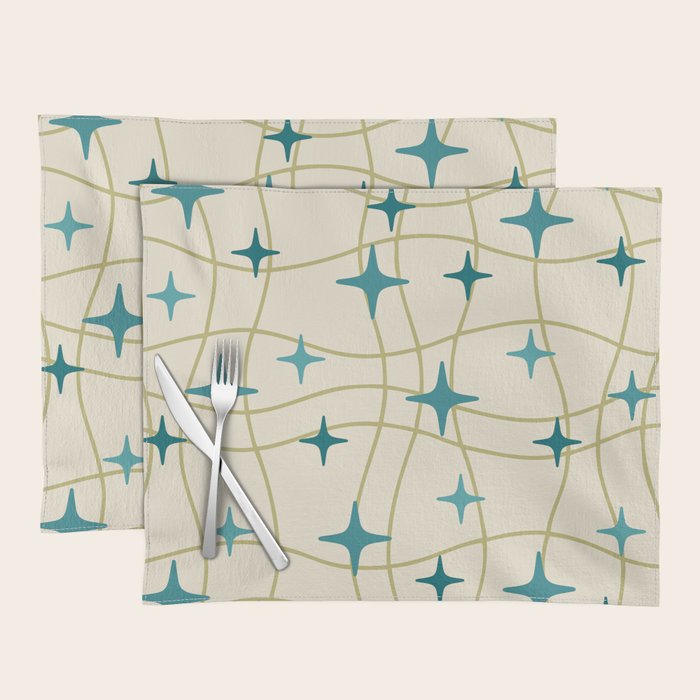 Mid Century Modern Cosmic Star Pattern 693 Cream Turquoise Olive Placemat Gallery Image 1