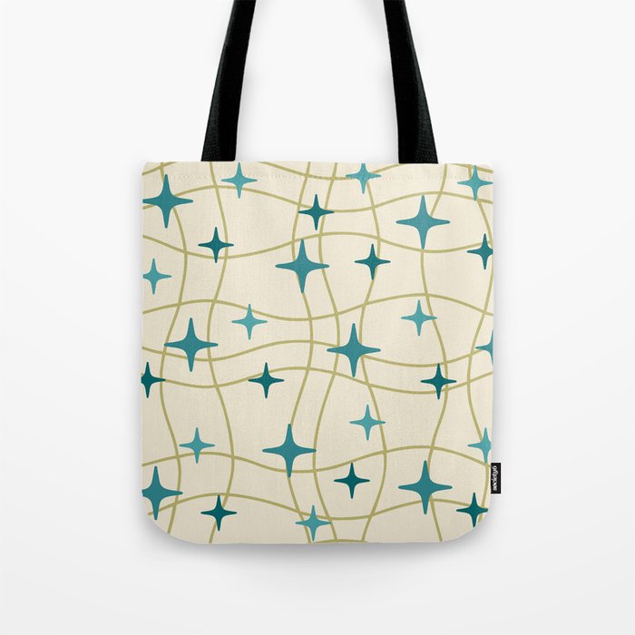 Mid Century Modern Cosmic Star Pattern 693 Cream Turquoise Olive Tote Bag Gallery Image 1