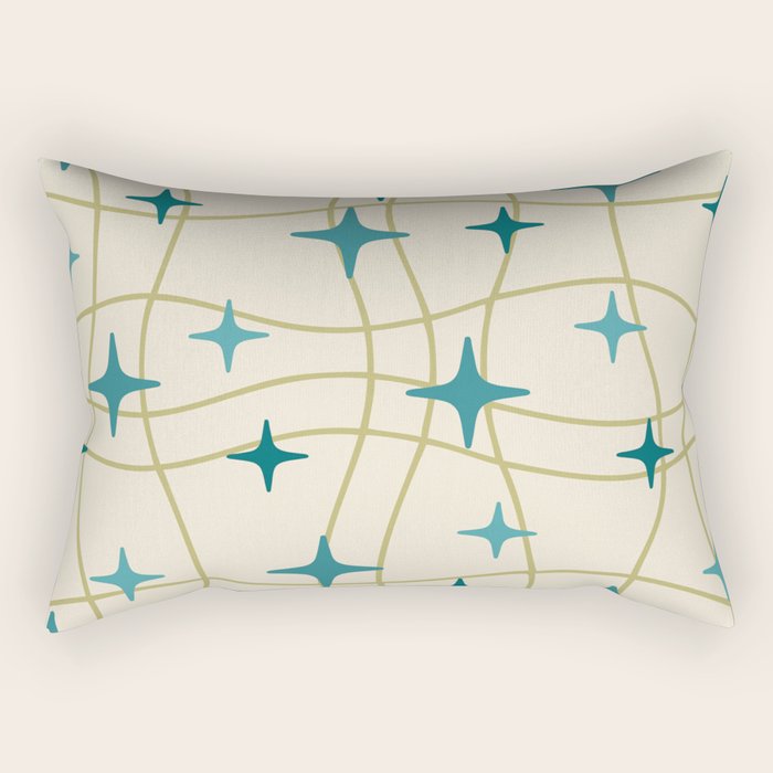 Mid Century Modern Cosmic Star Pattern 693 Cream Turquoise Olive Rectangular Pillow Gallery Image 2