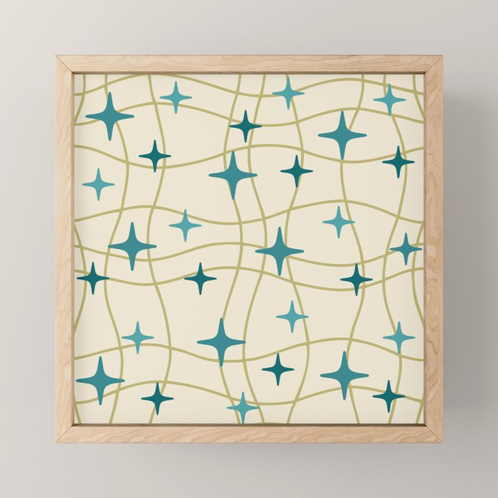 Mid Century Modern Cosmic Star Pattern 693 Cream Turquoise Olive Mini Art Print Gallery Image 1