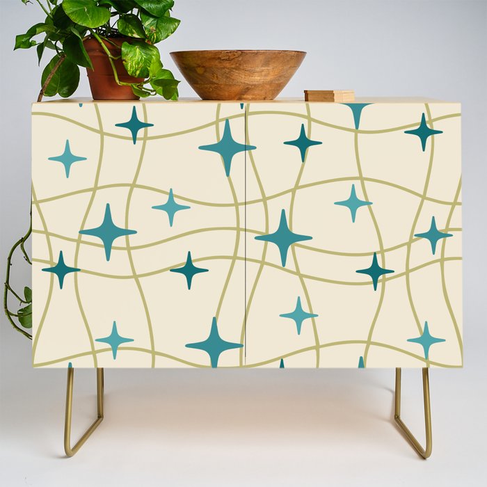 Mid Century Modern Cosmic Star Pattern 693 Cream Turquoise Olive Credenza Gallery Image 1