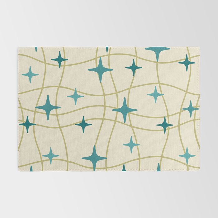 Mid Century Modern Cosmic Star Pattern 693 Cream Turquoise Olive Rug Gallery Image 2