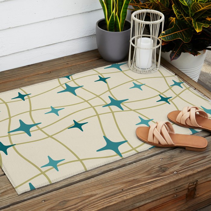 Mid Century Modern Cosmic Star Pattern 693 Cream Turquoise Olive Outdoor Rug Gallery Image 2