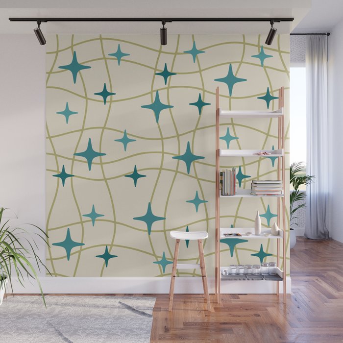 Mid Century Modern Cosmic Star Pattern 693 Cream Turquoise Olive Wall Mural Gallery Image 1