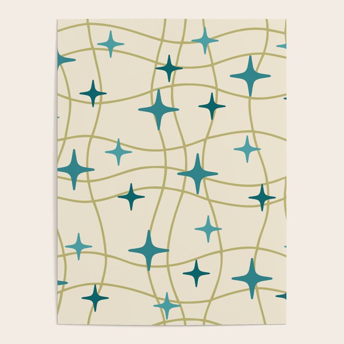 Mid Century Modern Cosmic Star Pattern 693 Cream Turquoise Olive Poster Gallery Image 4