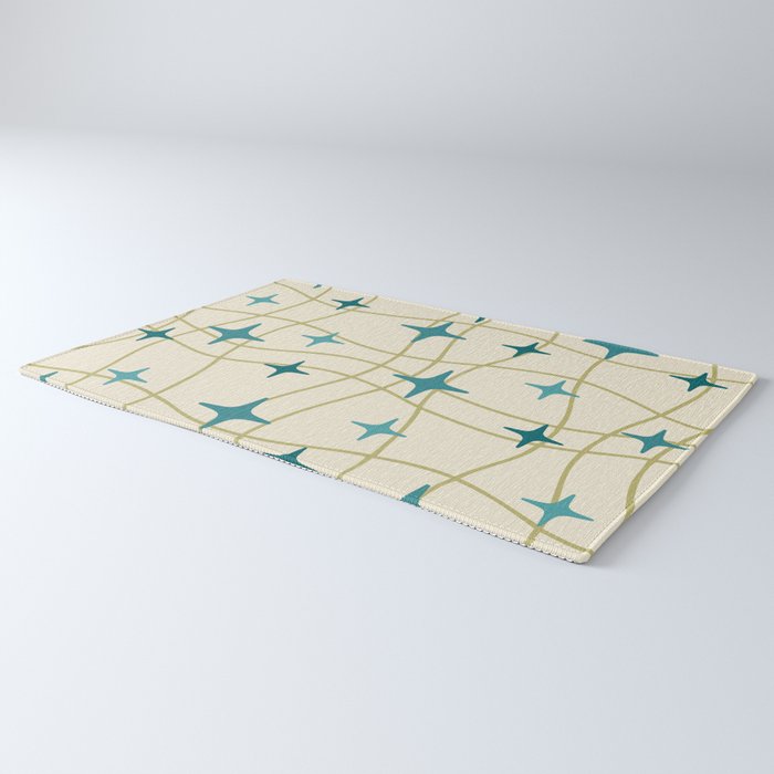 Mid Century Modern Cosmic Star Pattern 693 Cream Turquoise Olive Rug Gallery Image 3