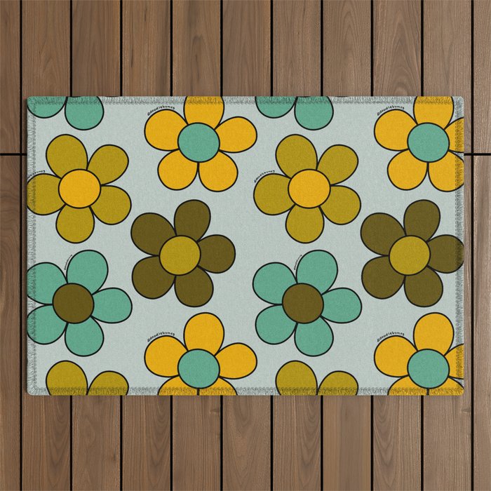 Groovy Flowers Print in Blue Outdoor Rug Gallery Image 1