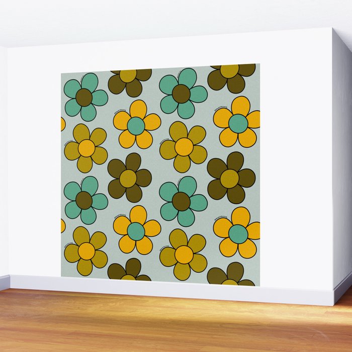 Groovy Flowers Print in Blue Wall Mural Gallery Image 2