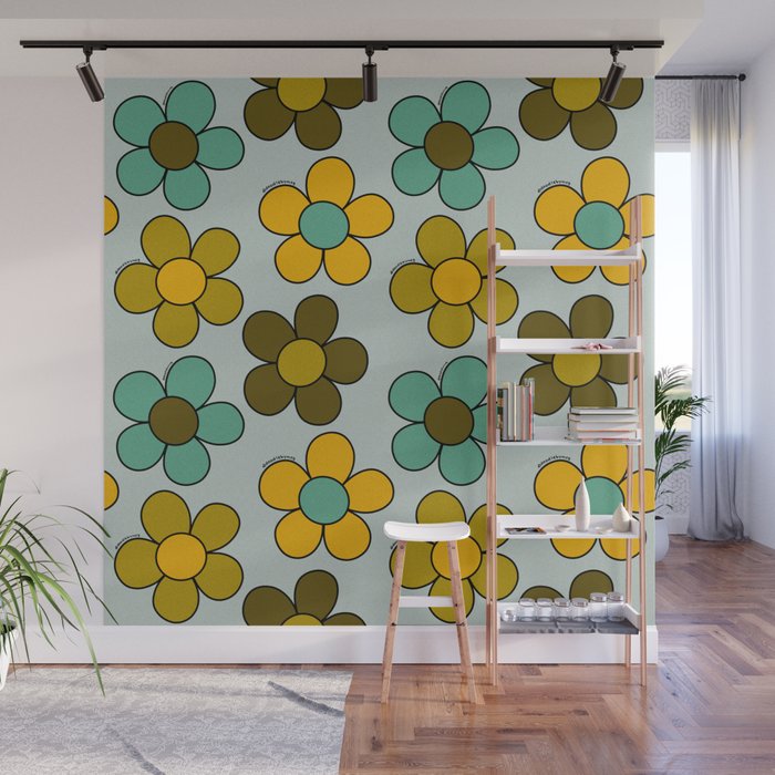 Groovy Flowers Print in Blue Wall Mural Gallery Image 1