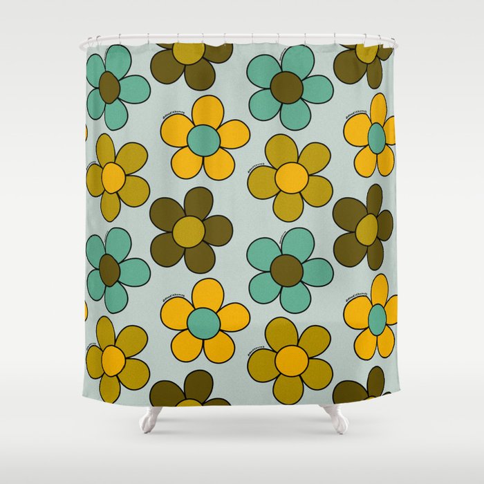 Groovy Flowers Print in Blue Shower Curtain Gallery Image 1