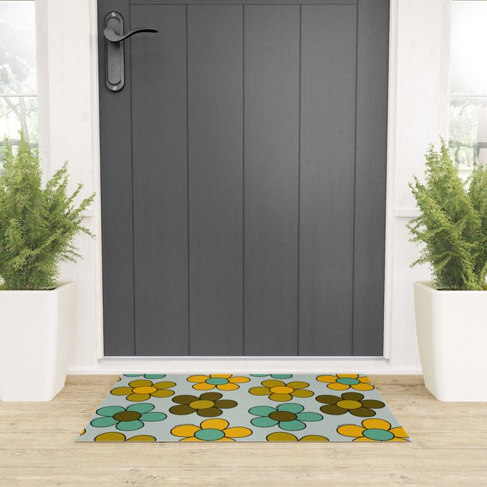 Groovy Flowers Print in Blue Welcome Mat Gallery Image 3