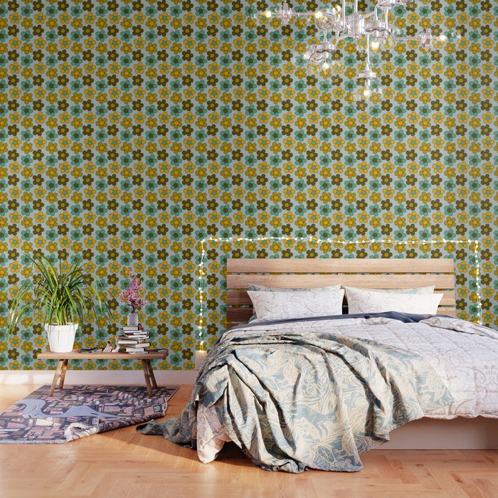 Groovy Flowers Print in Blue Wallpaper Gallery Image 1