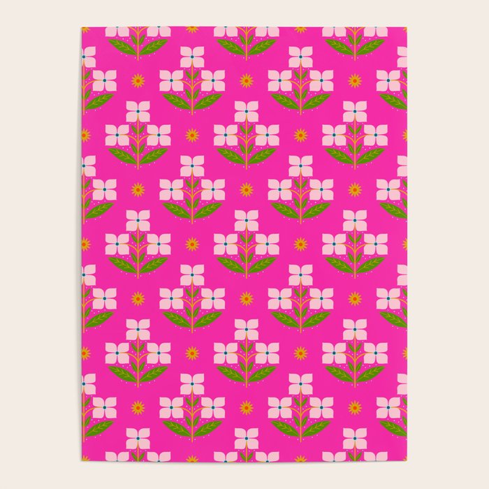 Retro Pink Floral Bunches Pattern - Pink Poster Gallery Image 4