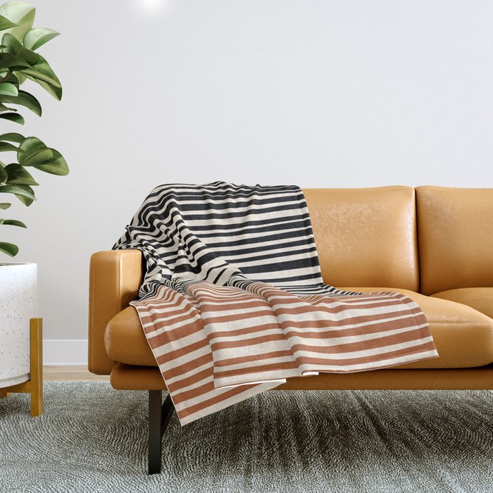 Natural Stripes Modern Minimalist Colour Block Pattern Black Rust Almond Cream Throw Blanket Gallery Image 1
