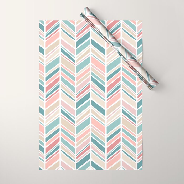 Herringbone Pattern - Cream Coral and Teal Wrapping Paper Gallery Image 1