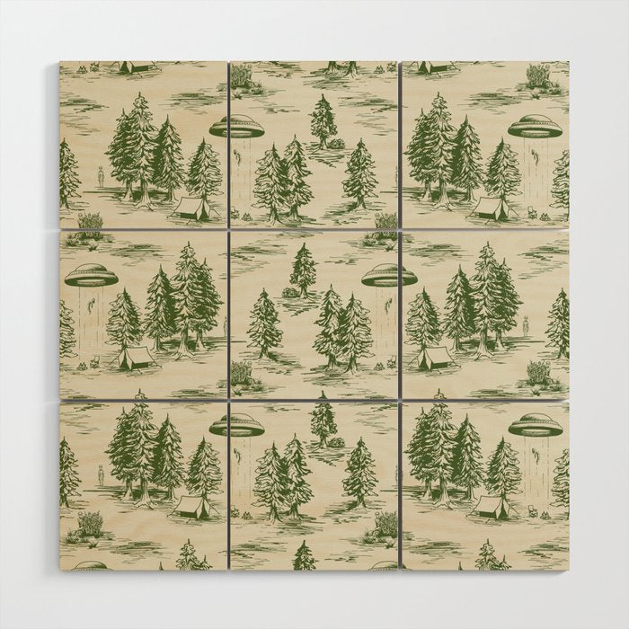 Green Alien Abduction Toile De Jouy Pattern Wood Wall Art Gallery Image 1