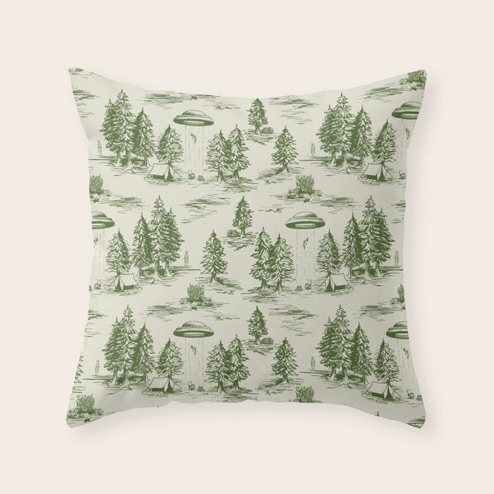 Green Alien Abduction Toile De Jouy Pattern Throw Pillow Gallery Image 6