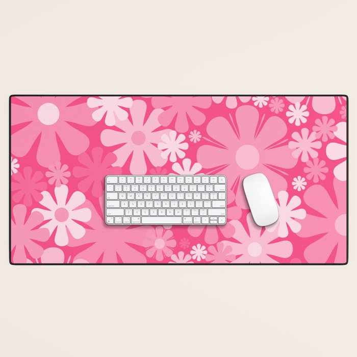 Retro 60s 70s Aesthetic Floral Pattern in Bright Candy Pink Desk Mat Gallery Image 1