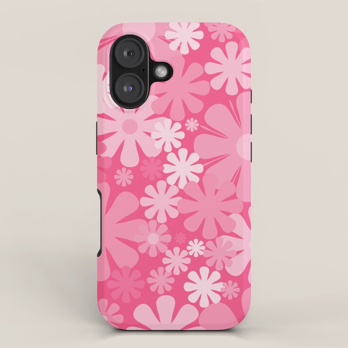 Retro 60s 70s Aesthetic Floral Pattern in Bright Candy Pink iPhone Case Gallery Image 1