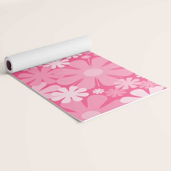 Retro 60s 70s Aesthetic Floral Pattern in Bright Candy Pink Yoga Mat Gallery Image 2