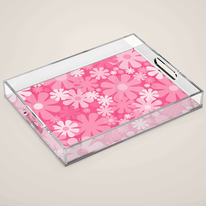 Retro 60s 70s Aesthetic Floral Pattern in Bright Candy Pink Acrylic Tray Gallery Image 1