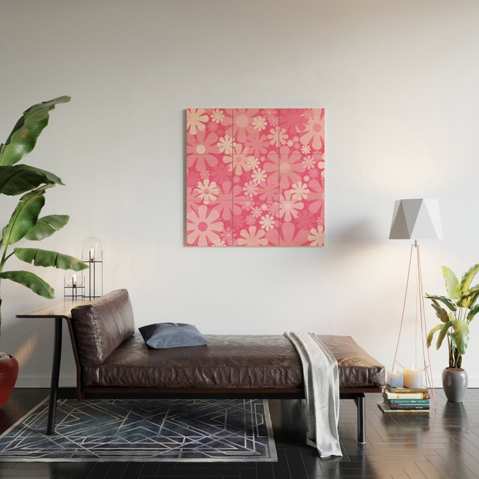 Retro 60s 70s Aesthetic Floral Pattern in Bright Candy Pink Wood Wall Art Gallery Image 2