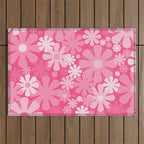 Retro 60s 70s Aesthetic Floral Pattern in Bright Candy Pink Outdoor Rug Gallery Image 1