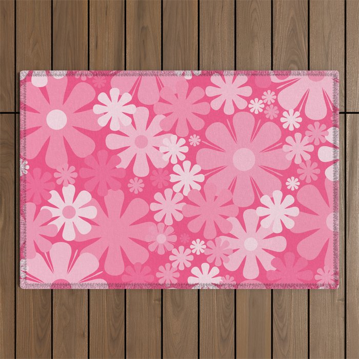 Retro 60s 70s Aesthetic Floral Pattern in Bright Candy Pink Outdoor Rug Gallery Image 1