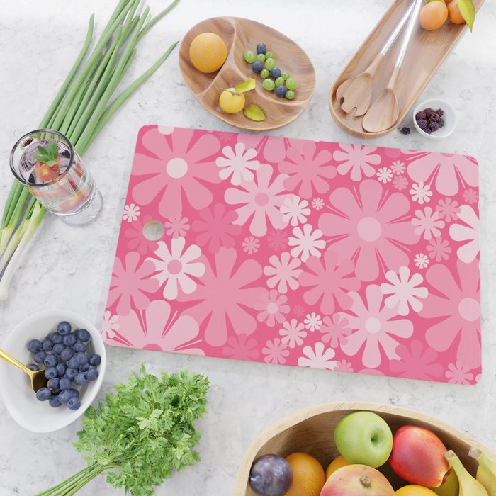 Retro 60s 70s Aesthetic Floral Pattern in Bright Candy Pink Cutting Board Gallery Image 2