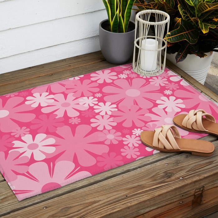 Retro 60s 70s Aesthetic Floral Pattern in Bright Candy Pink Outdoor Rug Gallery Image 2