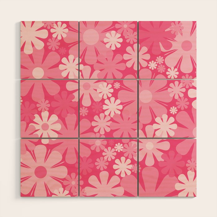 Retro 60s 70s Aesthetic Floral Pattern in Bright Candy Pink Wood Wall Art Gallery Image 1