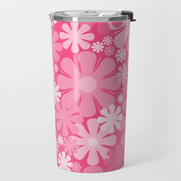 Retro 60s 70s Aesthetic Floral Pattern in Bright Candy Pink Travel Mug Gallery Image 2