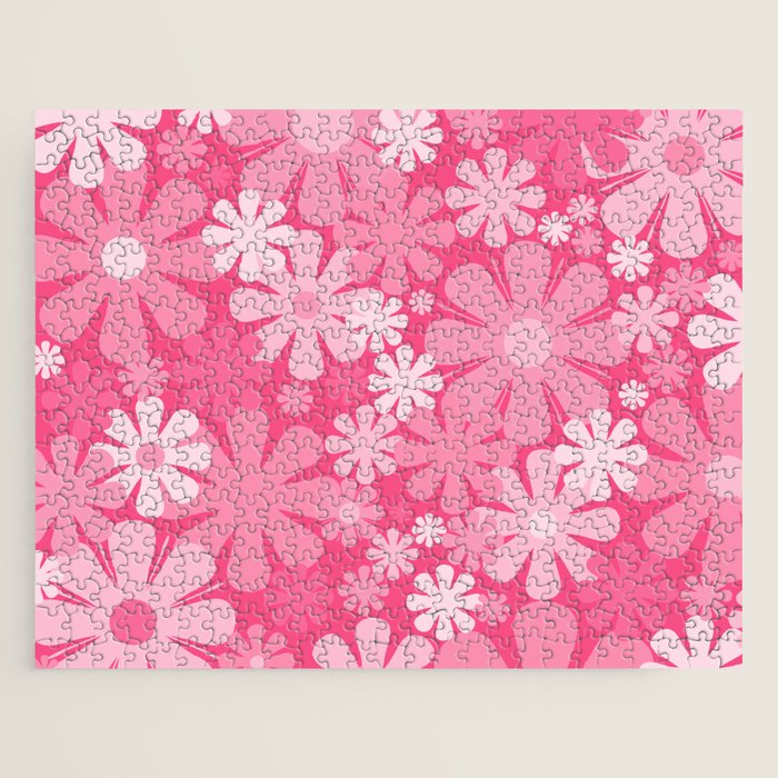 Retro 60s 70s Aesthetic Floral Pattern in Bright Candy Pink Jigsaw Puzzle Gallery Image 1