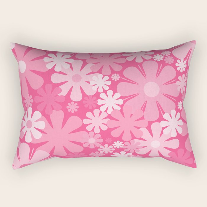 Retro 60s 70s Aesthetic Floral Pattern in Bright Candy Pink Rectangular Pillow Gallery Image 1