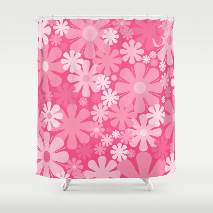 Retro 60s 70s Aesthetic Floral Pattern in Bright Candy Pink Shower Curtain Gallery Image 1